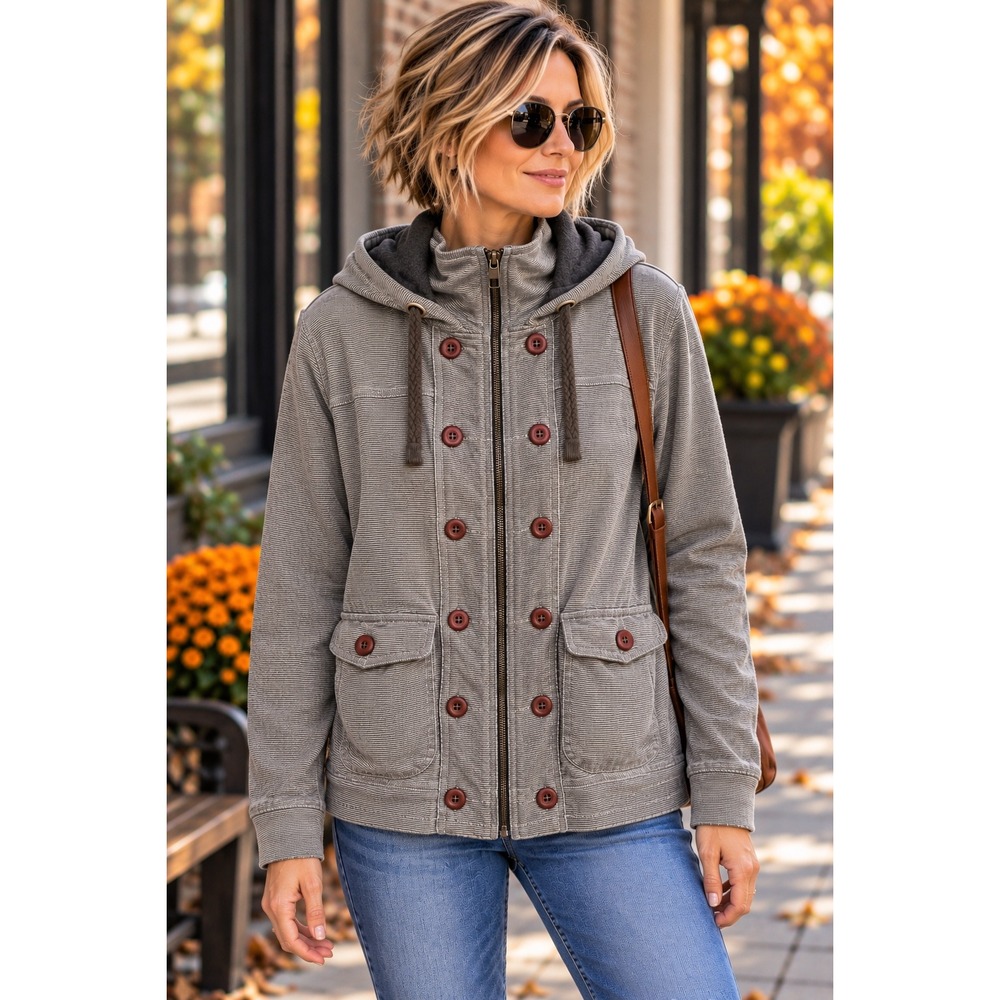 Standard Pattern Gray Hooded Zip Jacket Small Button Utility Casual Layer